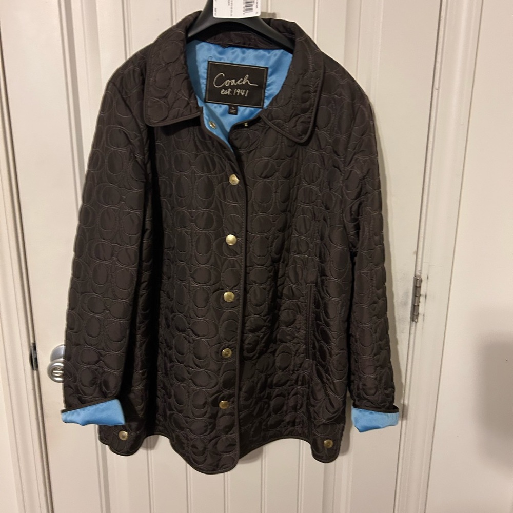 Coach Women's Dark Brown Quilted Jacket with Light Blue Accents